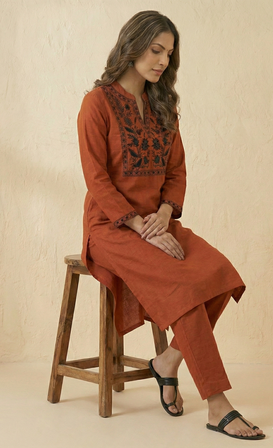 Elegant Terracotta Cotton Kurta Set with intricate Black Embroidery