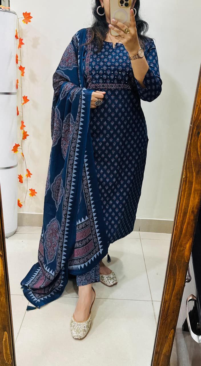 Navy Blue Bandhani & Ethnic Printed Kurta Set with Trousers and Dupatta