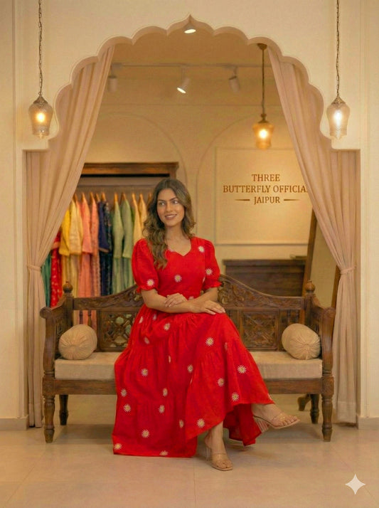 Red Daisy Embroidered Cotton Tiered Midi Dress with Puff Sleeves