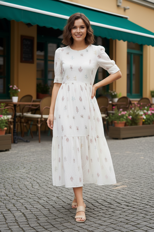 Elegant White Embroidered Midi Dress for Women | Multi-Color Leaf Motif with Puff Sleeves