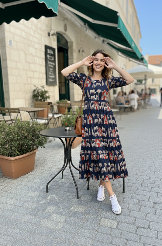 Flamingo Print Tiered Midi Dress | Summer Special Puff Sleeve Style