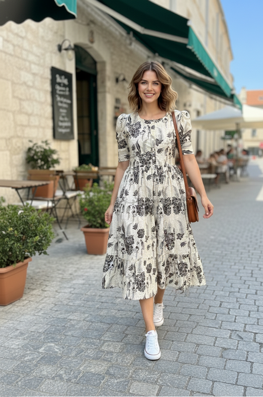 European Summer Printed Tiered Midi Dress
