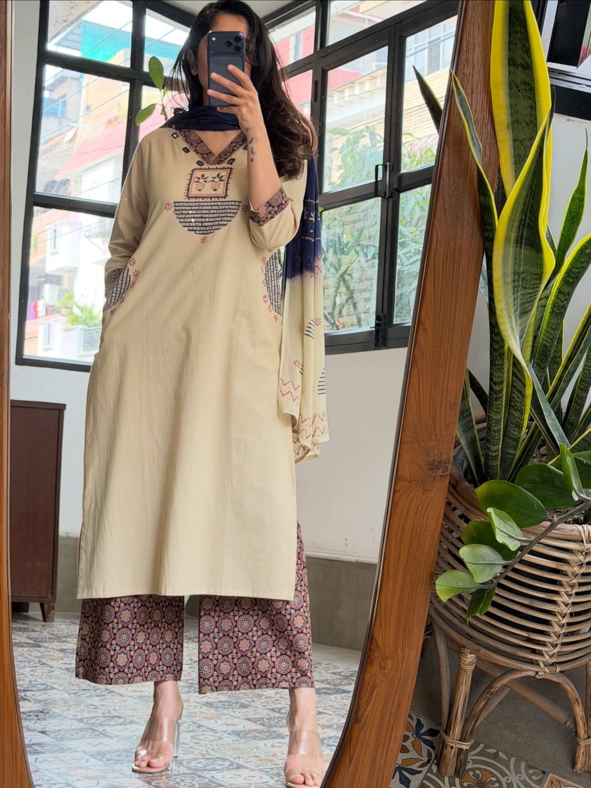 Beige Embroidered Straight Kurta with Printed Palazzo & Dupatta Set