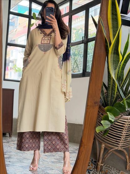 Beige Embroidered Straight Kurta with Printed Palazzo & Dupatta Set