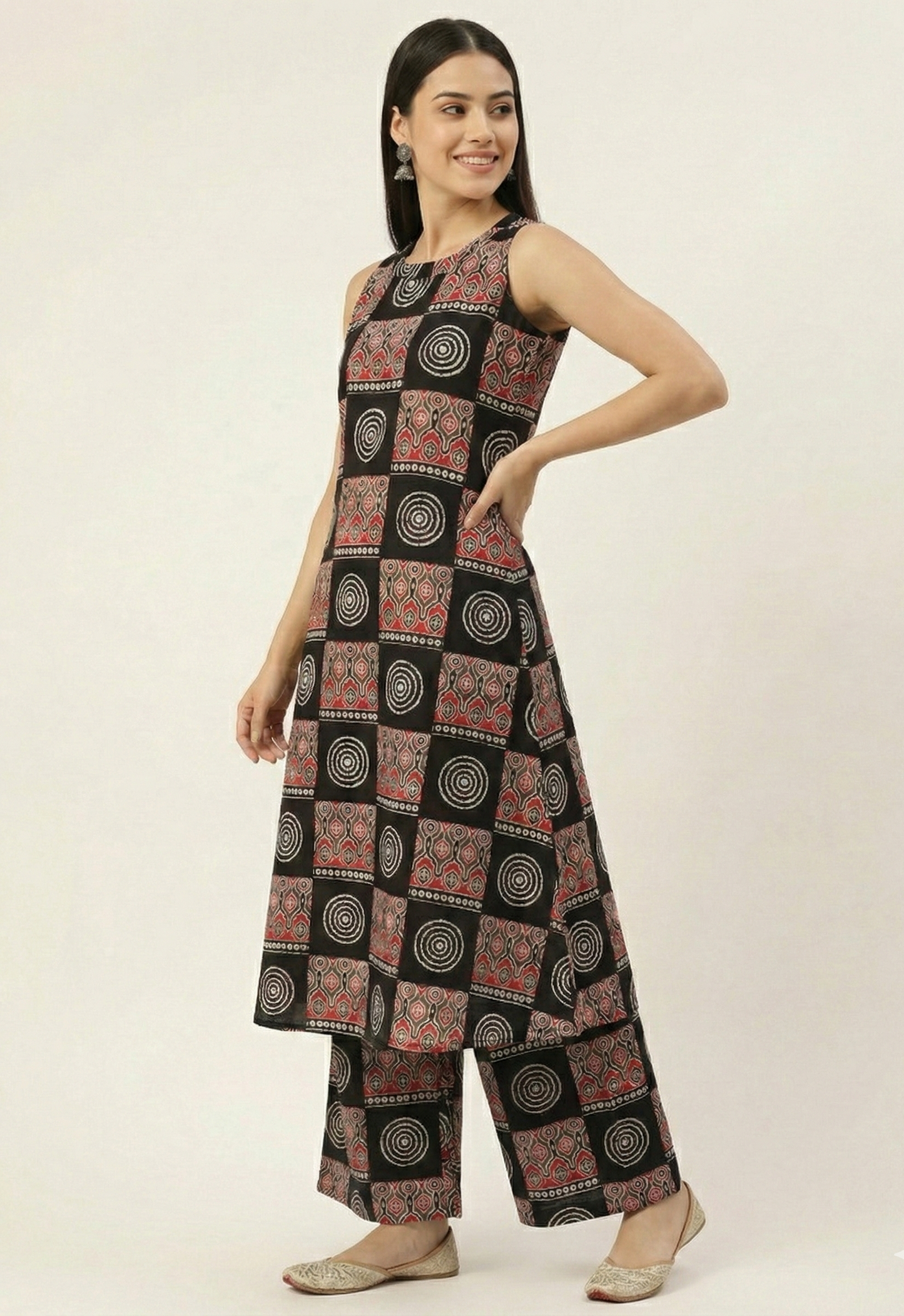 Black & Red Geometric Block Print Sleeveless Kurta with Palazzo Set